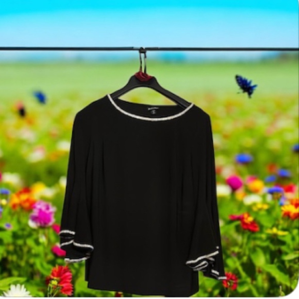 Roz & Ali Black Ruffled Blouse with 3/4 Sleeves